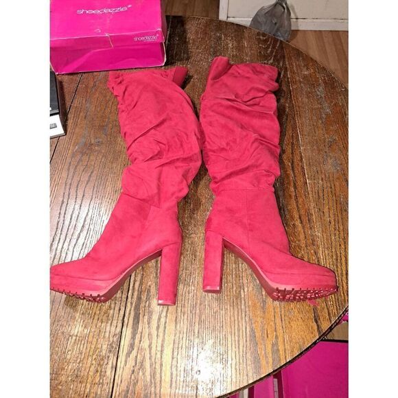 New Size 11 Shoe Dazzle Chili Pepper Red Platform Chunky Heel Slouch Long Boots - Picture 8 of 10